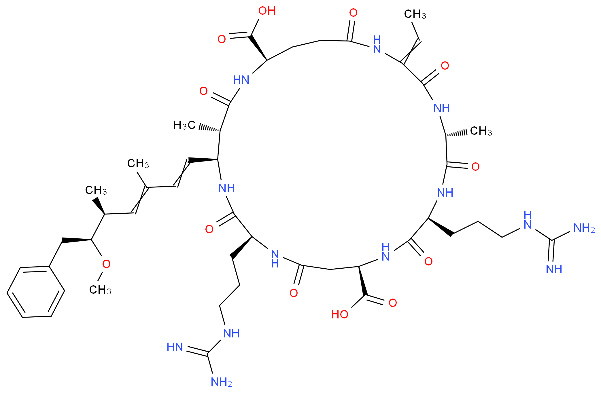 (5R,8S,11R,15S,18S,19S,22R)-8,15-bis(3-carbamimidamidopropyl)-2-ethylidene-18-[(5S,6S)-6-methoxy-3,5-dimethyl-7-phenylhepta-1,3-dien-1-yl]-5,19-dimethyl-3,6,9,13,16,20,25-heptaoxo-1,4,7,10,14,17,21-heptaazacyclopentacosane-11,22-dicarboxylic acid_分子结构_CAS_202120-08-9