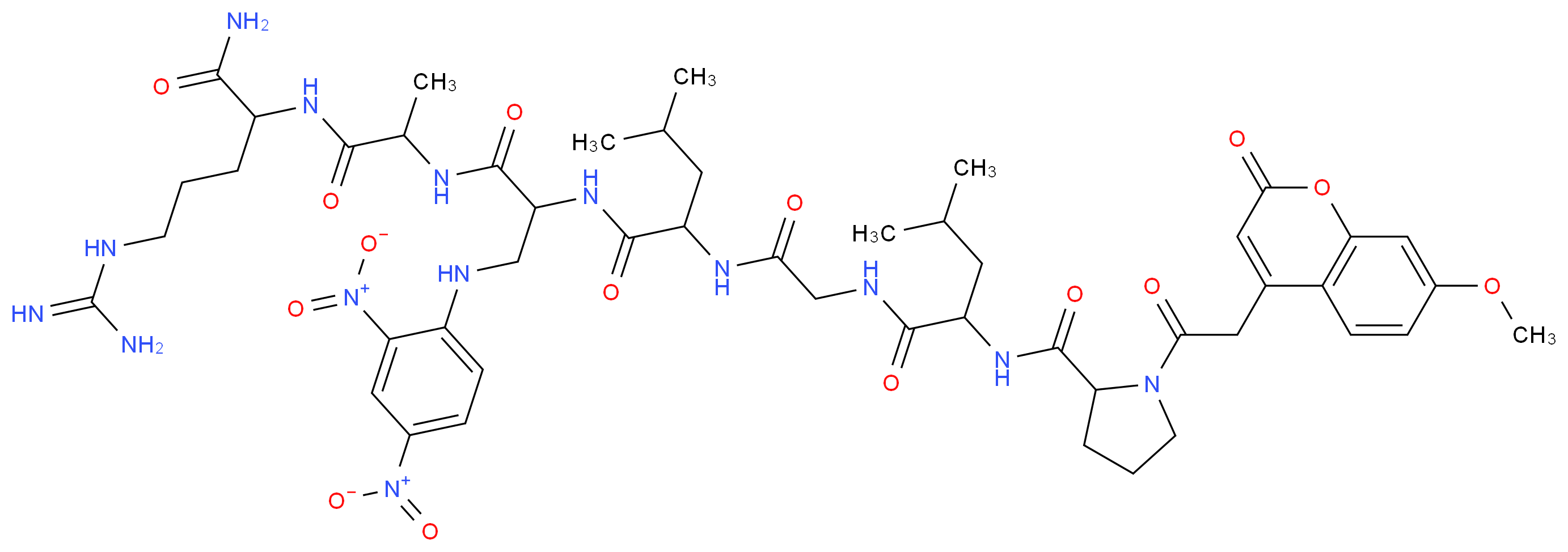 N-[1-({1-[(4-carbamimidamido-1-carbamoylbutyl)carbamoyl]ethyl}carbamoyl)-2-[(2,4-dinitrophenyl)amino]ethyl]-2-{2-[2-({1-[2-(7-methoxy-2-oxo-2H-chromen-4-yl)acetyl]pyrrolidin-2-yl}formamido)-4-methylpentanamido]acetamido}-4-methylpentanamide_分子结构_CAS_140430-53-1