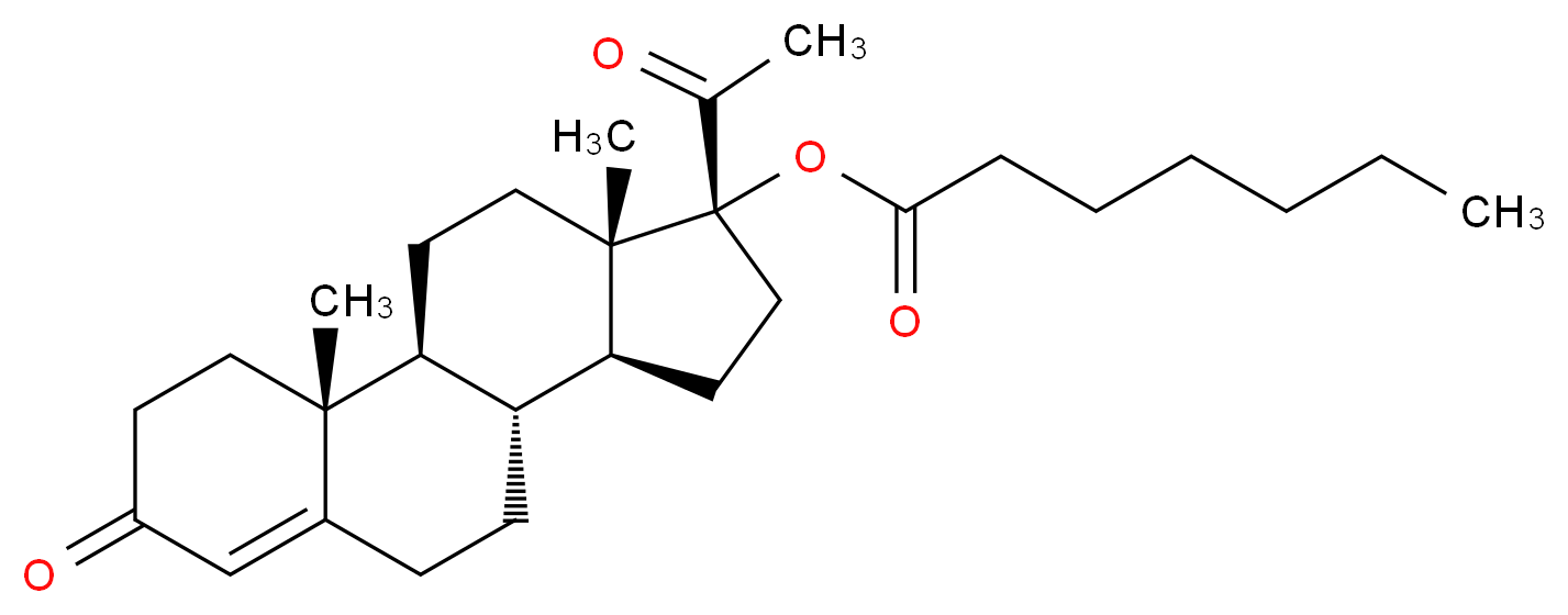 (1S,2R,10R,11S,14R,15S)-14-acetyl-2,15-dimethyl-5-oxotetracyclo[8.7.0.0<sup>2</sup>,<sup>7</sup>.0<sup>1</sup><sup>1</sup>,<sup>1</sup><sup>5</sup>]heptadec-6-en-14-yl heptanoate_分子结构_CAS_4596-16-1