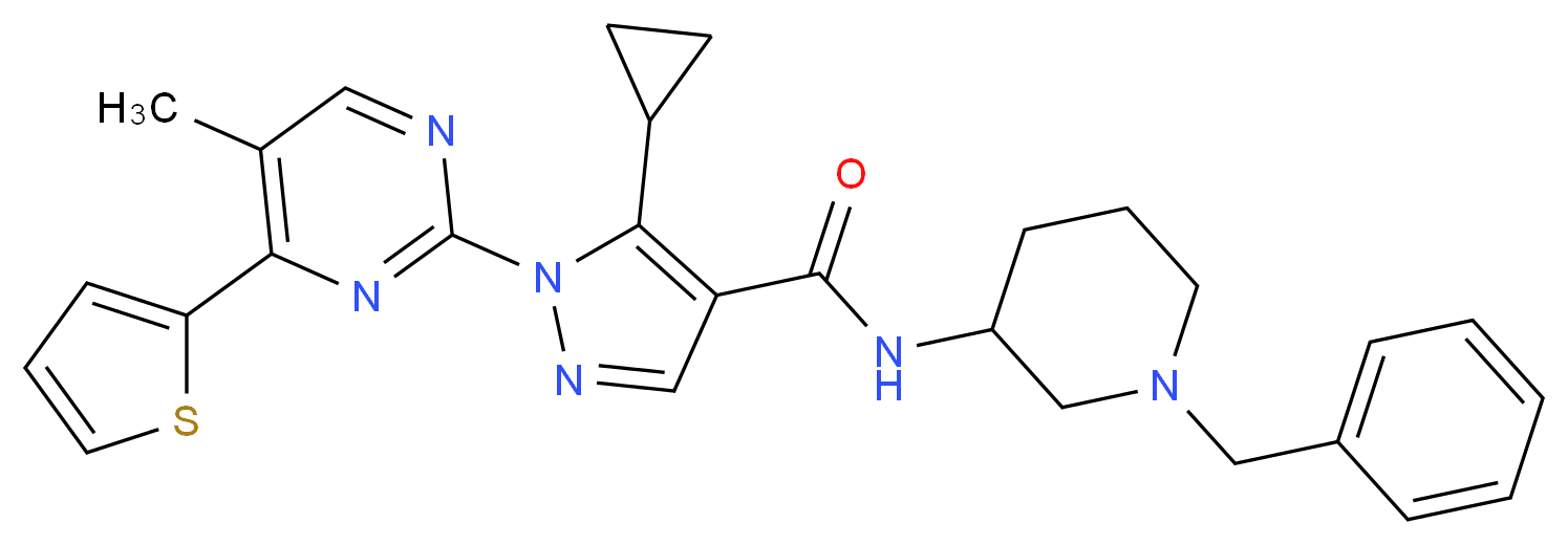 N-(1-benzyl-3-piperidinyl)-5-cyclopropyl-1-[5-methyl-4-(2-thienyl)-2-pyrimidinyl]-1H-pyrazole-4-carboxamide_分子结构_CAS_)