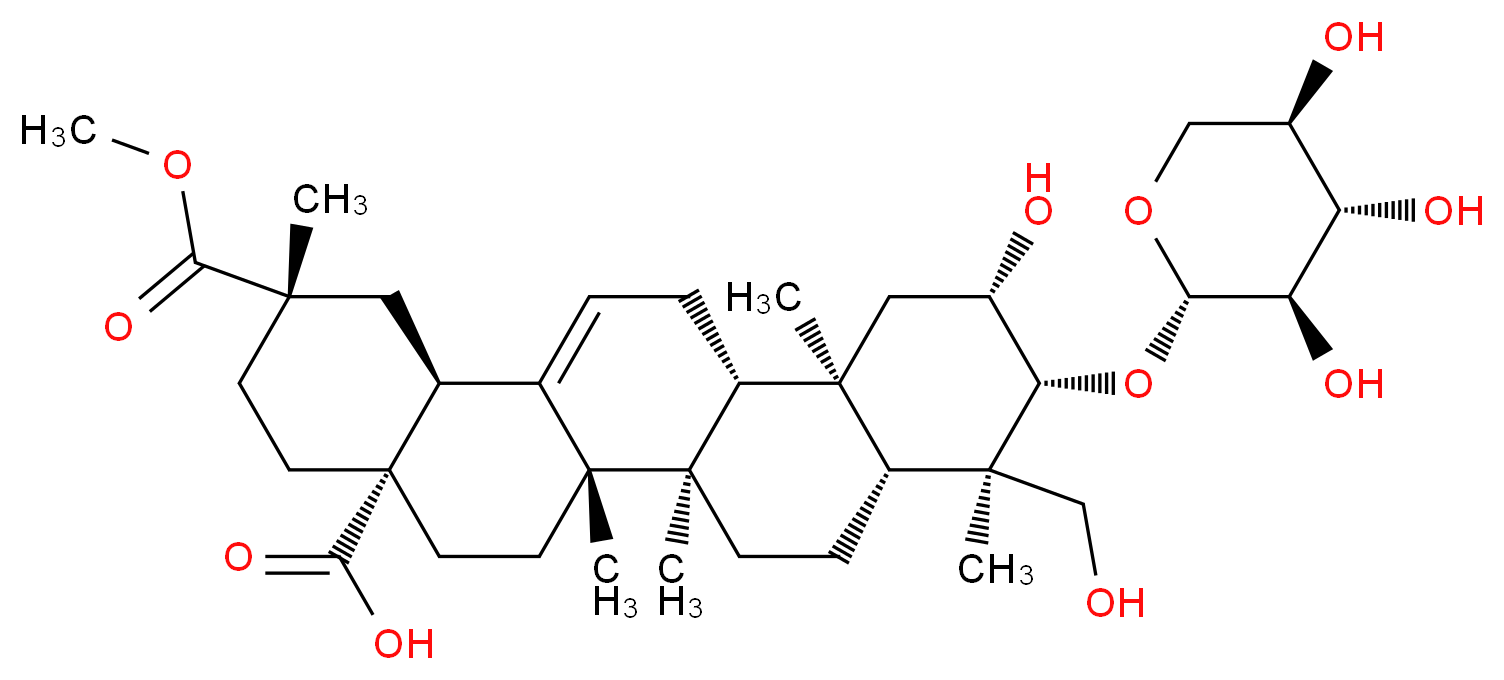 (2S,4aR,6aS,6bR,8aR,9R,10R,11S,12aR,12bR,14bS)-11-hydroxy-9-(hydroxymethyl)-2-(methoxycarbonyl)-2,6a,6b,9,12a-pentamethyl-10-{[(2S,3R,4S,5R)-3,4,5-trihydroxyoxan-2-yl]oxy}-1,2,3,4,4a,5,6,6a,6b,7,8,8a,9,10,11,12,12a,12b,13,14b-icosahydropicene-4a-carboxylic acid_分子结构_CAS_60820-94-2