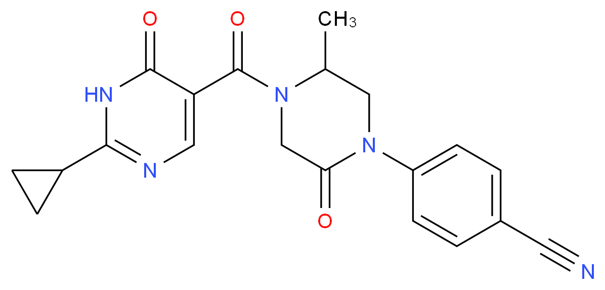 4-{4-[(2-cyclopropyl-6-oxo-1,6-dihydro-5-pyrimidinyl)carbonyl]-5-methyl-2-oxo-1-piperazinyl}benzonitrile_分子结构_CAS_)