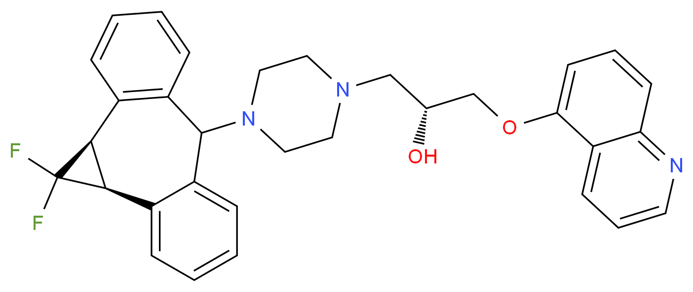 (2R)-1-{4-[(2R,4S)-3,3-difluorotetracyclo[10.4.0.0<sup>2</sup>,<sup>4</sup>.0<sup>5</sup>,<sup>1</sup><sup>0</sup>]hexadeca-1(12),5,7,9,13,15-hexaen-11-yl]piperazin-1-yl}-3-(quinolin-5-yloxy)propan-2-ol_分子结构_CAS_167354-41-8