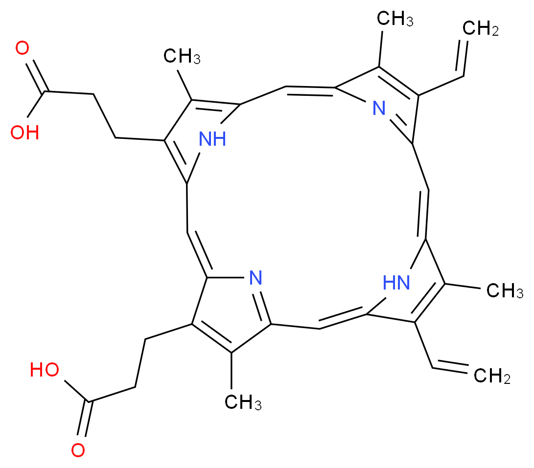 3-[20-(2-carboxyethyl)-10,15-diethenyl-5,9,14,19-tetramethyl-21,22,23,24-tetraazapentacyclo[16.2.1.1^{3,6}.1^{8,11}.1^{13,16}]tetracosa-1(21),2,4,6,8(23),9,11,13,15,17,19-undecaen-4-yl]propanoic acid_分子结构_CAS_50865-01-5