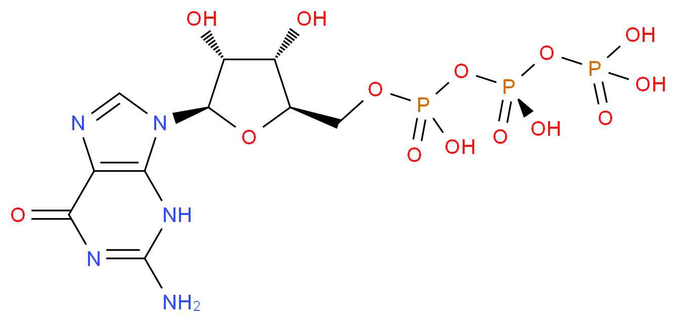 ({[({[(2R,3S,4R,5R)-5-(2-amino-6-oxo-6,9-dihydro-3H-purin-9-yl)-3,4-dihydroxyoxolan-2-yl]methoxy}(hydroxy)phosphoryl)oxy](hydroxy)phosphoryl}oxy)phosphonic acid_分子结构_CAS_86-01-1