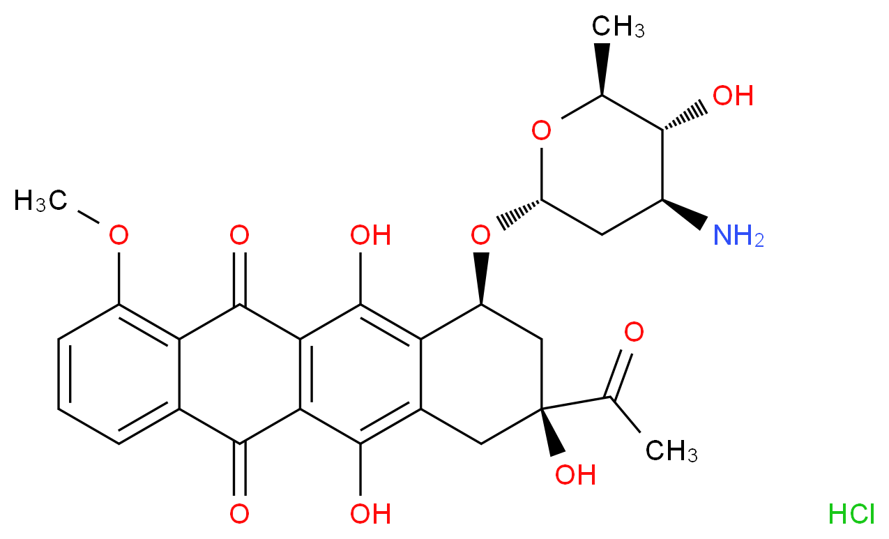 (8S,10S)-8-acetyl-10-{[(2R,4S,5R,6S)-4-amino-5-hydroxy-6-methyloxan-2-yl]oxy}-6,8,11-trihydroxy-1-methoxy-5,7,8,9,10,12-hexahydrotetracene-5,12-dione hydrochloride_分子结构_CAS_56390-08-0