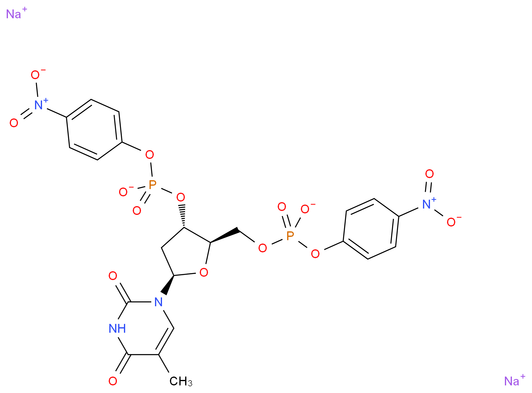 disodium [(2R,3S,5R)-5-(5-methyl-2,4-dioxo-1,2,3,4-tetrahydropyrimidin-1-yl)-3-{[(4-nitrophenoxy)phosphinato]oxy}oxolan-2-yl]methyl 4-nitrophenyl phosphate_分子结构_CAS_24418-12-0