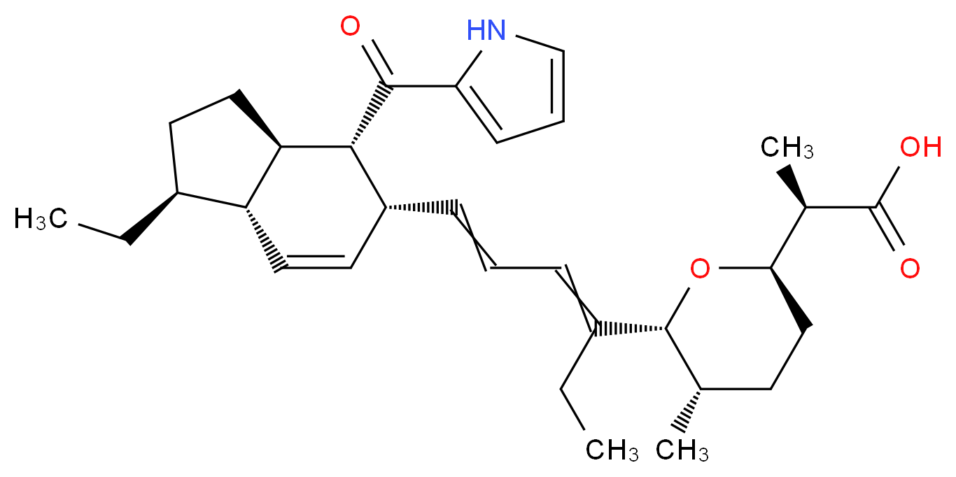 (2R)-2-[(2R,5S,6R)-6-{6-[(1S,3aR,4S,5S,7aS)-1-ethyl-4-(1H-pyrrole-2-carbonyl)-2,3,3a,4,5,7a-hexahydro-1H-inden-5-yl]hexa-3,5-dien-3-yl}-5-methyloxan-2-yl]propanoic acid_分子结构_CAS_66513-28-8