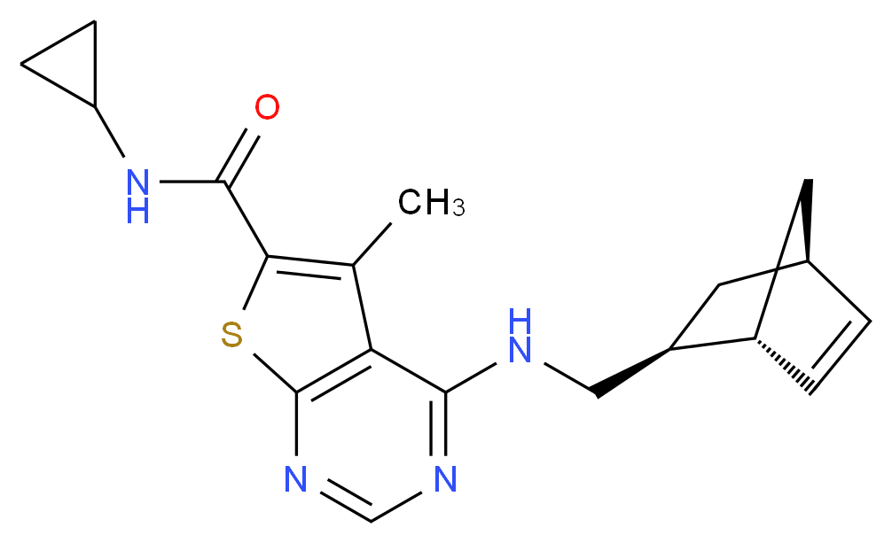 4-{[(1R*,2S*,4R*)-bicyclo[2.2.1]hept-5-en-2-ylmethyl]amino}-N-cyclopropyl-5-methylthieno[2,3-d]pyrimidine-6-carboxamide_分子结构_CAS_)
