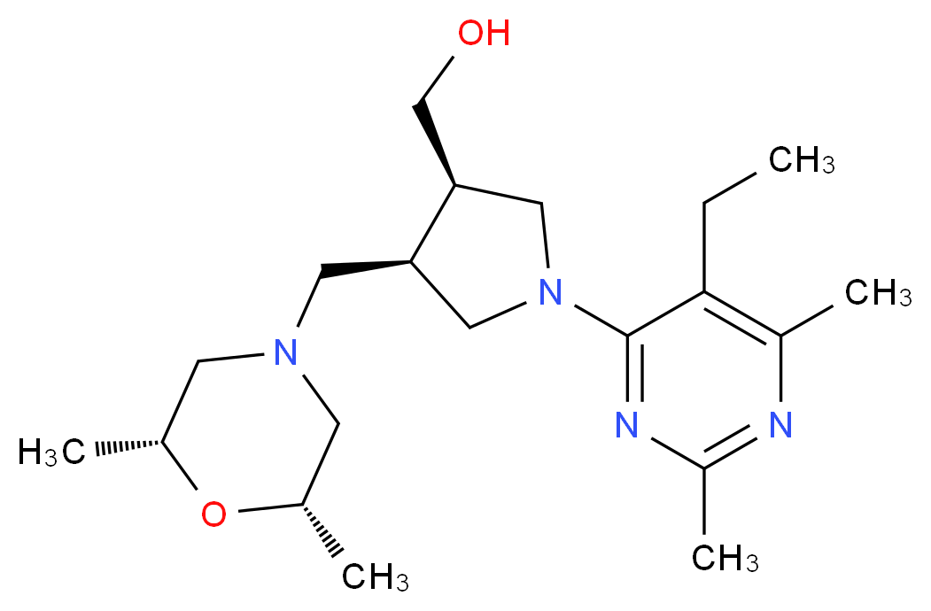 [(3R*,4R*)-4-{[(2R*,6S*)-2,6-dimethylmorpholin-4-yl]methyl}-1-(5-ethyl-2,6-dimethylpyrimidin-4-yl)pyrrolidin-3-yl]methanol_分子结构_CAS_)