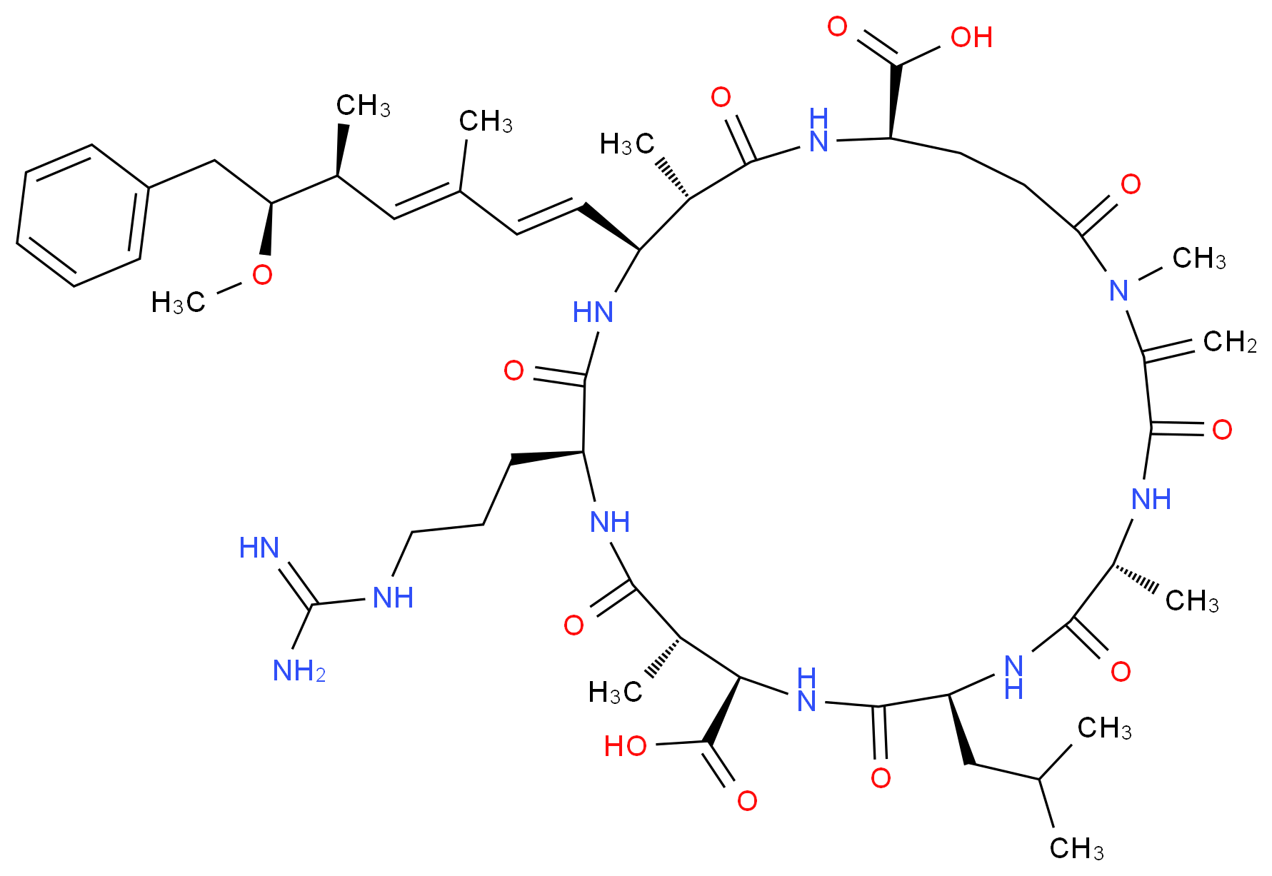 (5R,8S,11R,12S,15S,18S,19S,22R)-15-(3-carbamimidamidopropyl)-18-[(1E,3E,5S,6S)-6-methoxy-3,5-dimethyl-7-phenylhepta-1,3-dien-1-yl]-1,5,12,19-tetramethyl-2-methylidene-8-(2-methylpropyl)-3,6,9,13,16,20,25-heptaoxo-1,4,7,10,14,17,21-heptaazacyclopentacosane-11,22-dicarboxylic acid_分子结构_CAS_101043-37-2