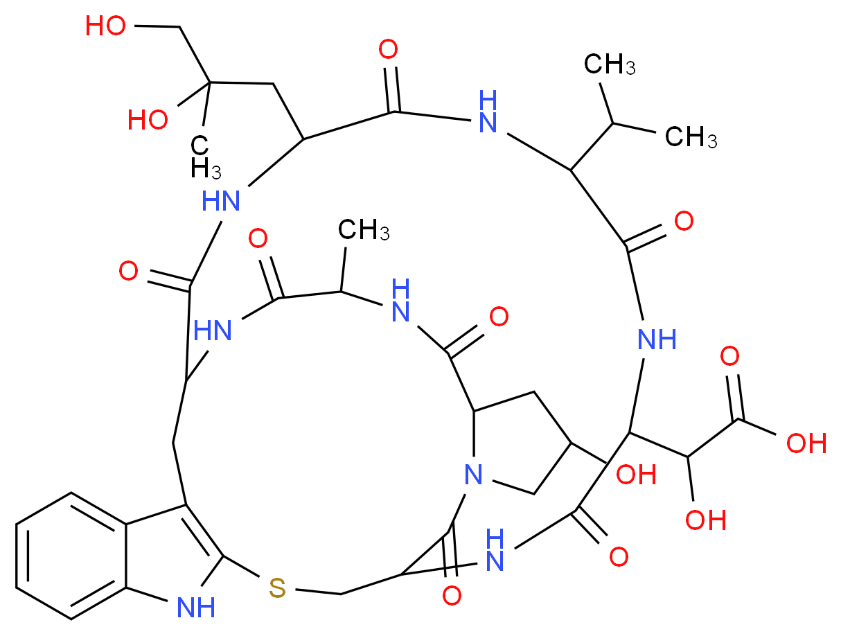 2-[28-(2,3-dihydroxy-2-methylpropyl)-18-hydroxy-23-methyl-15,21,24,26,29,32,35-heptaoxo-31-(propan-2-yl)-12-thia-10,16,22,25,27,30,33,36-octaazapentacyclo[12.11.11.0<sup>3</sup>,<sup>1</sup><sup>1</sup>.0<sup>4</sup>,<sup>9</sup>.0<sup>1</sup><sup>6</sup>,<sup>2</sup><sup>0</sup>]hexatriaconta-3(11),4,6,8-tetraen-34-yl]-2-hydroxyacetic acid_分子结构_CAS_26645-35-2