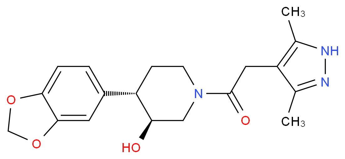 (3S*,4S*)-4-(1,3-benzodioxol-5-yl)-1-[(3,5-dimethyl-1H-pyrazol-4-yl)acetyl]piperidin-3-ol_分子结构_CAS_)