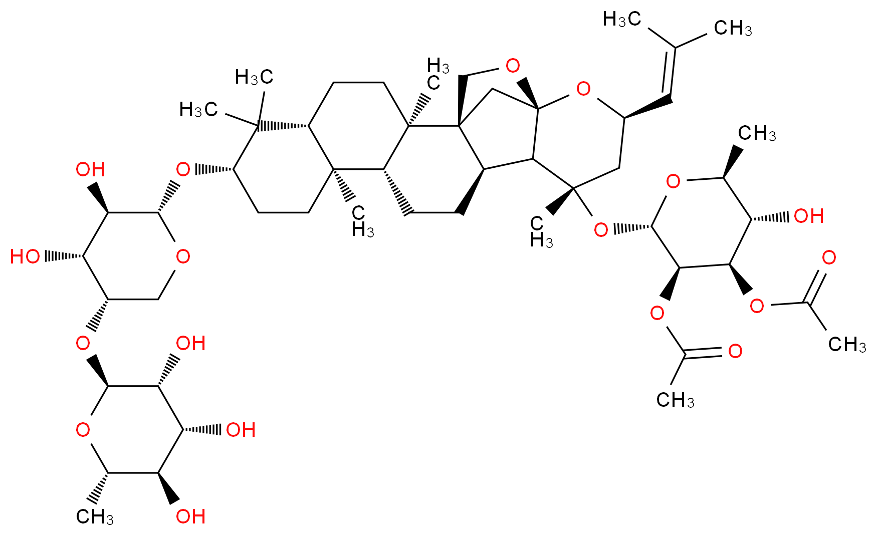 (2S,3R,4R,5S,6S)-4-(acetyloxy)-2-{[(1S,2R,5R,7S,10R,11R,14R,15S,16S,18R,20S)-7-{[(2S,3R,4R,5S)-3,4-dihydroxy-5-{[(2S,3R,4R,5R,6S)-3,4,5-trihydroxy-6-methyloxan-2-yl]oxy}oxan-2-yl]oxy}-2,6,6,10,16-pentamethyl-18-(2-methylprop-1-en-1-yl)-19,21-dioxahexacyclo[18.2.1.0<sup>1</sup>,<sup>1</sup><sup>4</sup>.0<sup>2</sup>,<sup>1</sup><sup>1</sup>.0<sup>5</sup>,<sup>1</sup><sup>0</sup>.0<sup>1</sup><sup>5</sup>,<sup>2</sup><sup>0</sup>]tricosan-16-yl]oxy}-5-hydroxy-6-methyloxan-3-yl acetate_分子结构_CAS_73667-51-3