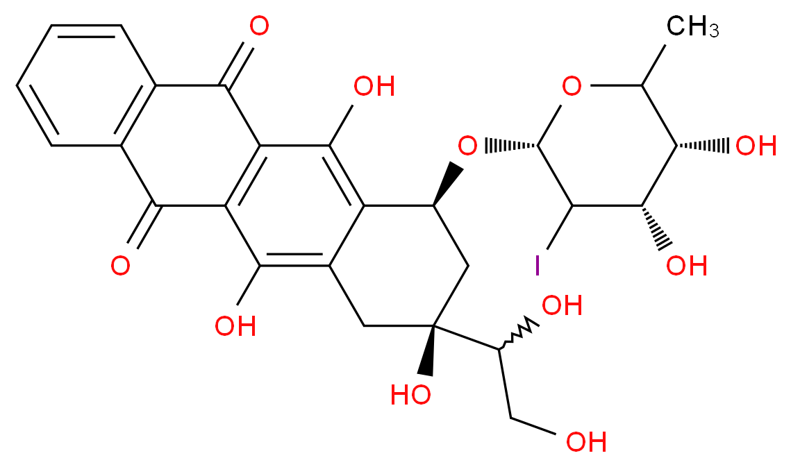 (7S,9S)-7-{[(2R,4S,5R)-4,5-dihydroxy-3-iodo-6-methyloxan-2-yl]oxy}-9-(1,2-dihydroxyethyl)-6,9,11-trihydroxy-5,7,8,9,10,12-hexahydrotetracene-5,12-dione_分子结构_CAS_2166-33-8