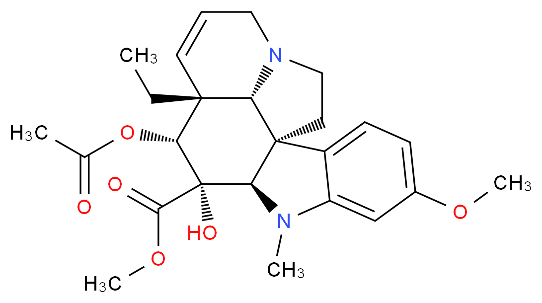 methyl (1R,9R,10S,11R,12R,19R)-11-(acetyloxy)-12-ethyl-10-hydroxy-5-methoxy-8-methyl-8,16-diazapentacyclo[10.6.1.0<sup>1</sup>,<sup>9</sup>.0<sup>2</sup>,<sup>7</sup>.0<sup>1</sup><sup>6</sup>,<sup>1</sup><sup>9</sup>]nonadeca-2(7),3,5,13-tetraene-10-carboxylate_分子结构_CAS_2182-14-1