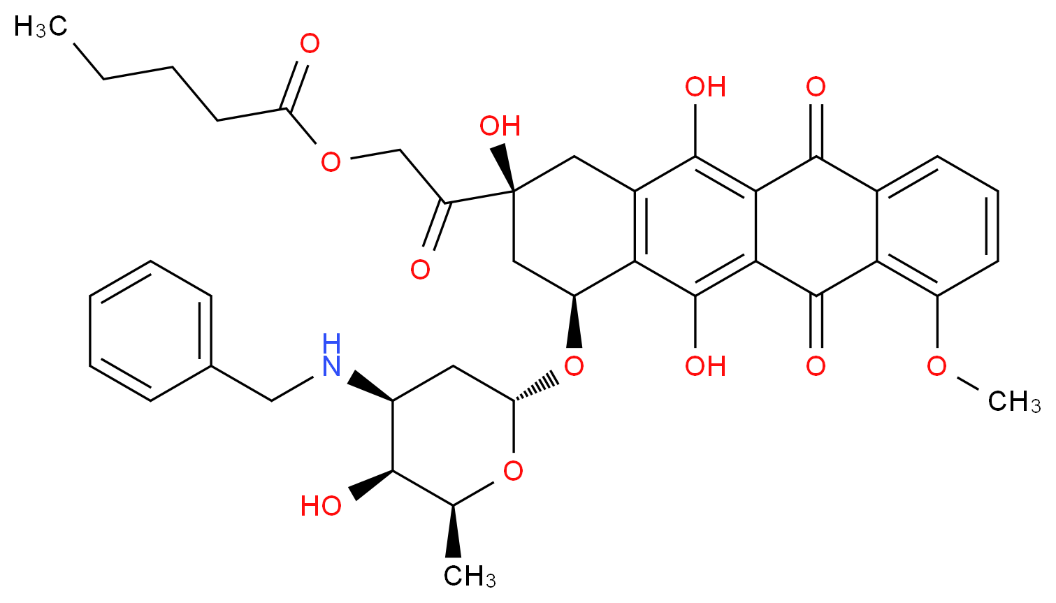 2-[(2S,4S)-4-{[(2R,4S,5S,6S)-4-(benzylamino)-5-hydroxy-6-methyloxan-2-yl]oxy}-2,5,12-trihydroxy-7-methoxy-6,11-dioxo-1,2,3,4,6,11-hexahydrotetracen-2-yl]-2-oxoethyl pentanoate_分子结构_CAS_98983-21-2
