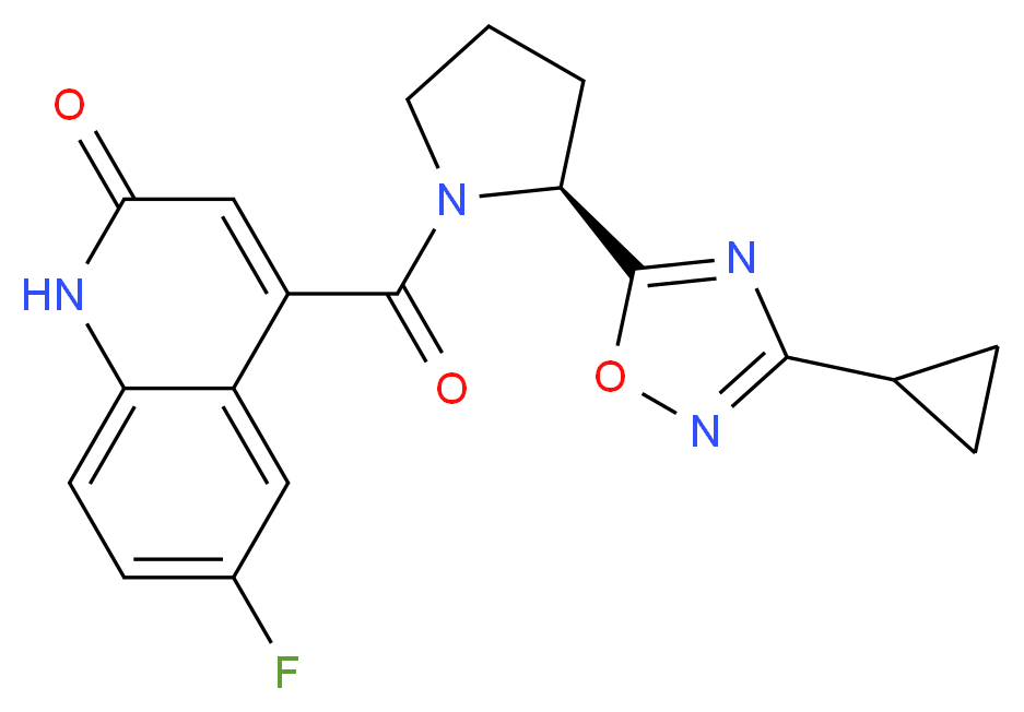 4-{[(2S)-2-(3-cyclopropyl-1,2,4-oxadiazol-5-yl)pyrrolidin-1-yl]carbonyl}-6-fluoroquinolin-2(1H)-one_分子结构_CAS_)