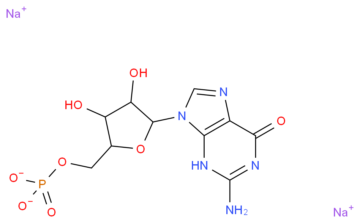 disodium [5-(2-amino-6-oxo-6,9-dihydro-3H-purin-9-yl)-3,4-dihydroxyoxolan-2-yl]methyl phosphate_分子结构_CAS_5550-12-9