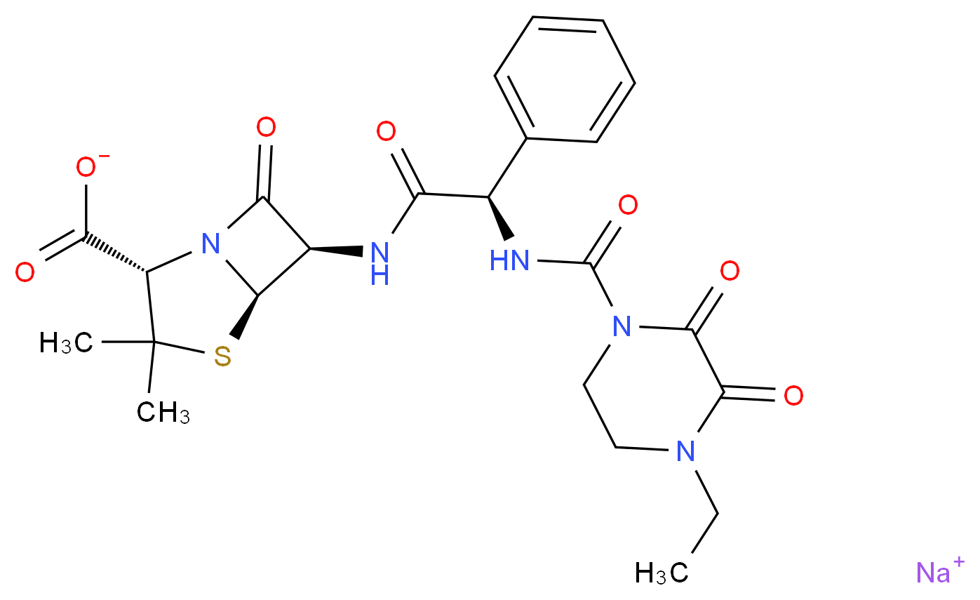 sodium (2S,5R,6R)-6-[(2R)-2-[(4-ethyl-2,3-dioxopiperazine-1-carbonyl)amino]-2-phenylacetamido]-3,3-dimethyl-7-oxo-4-thia-1-azabicyclo[3.2.0]heptane-2-carboxylate_分子结构_CAS_59703-84-3