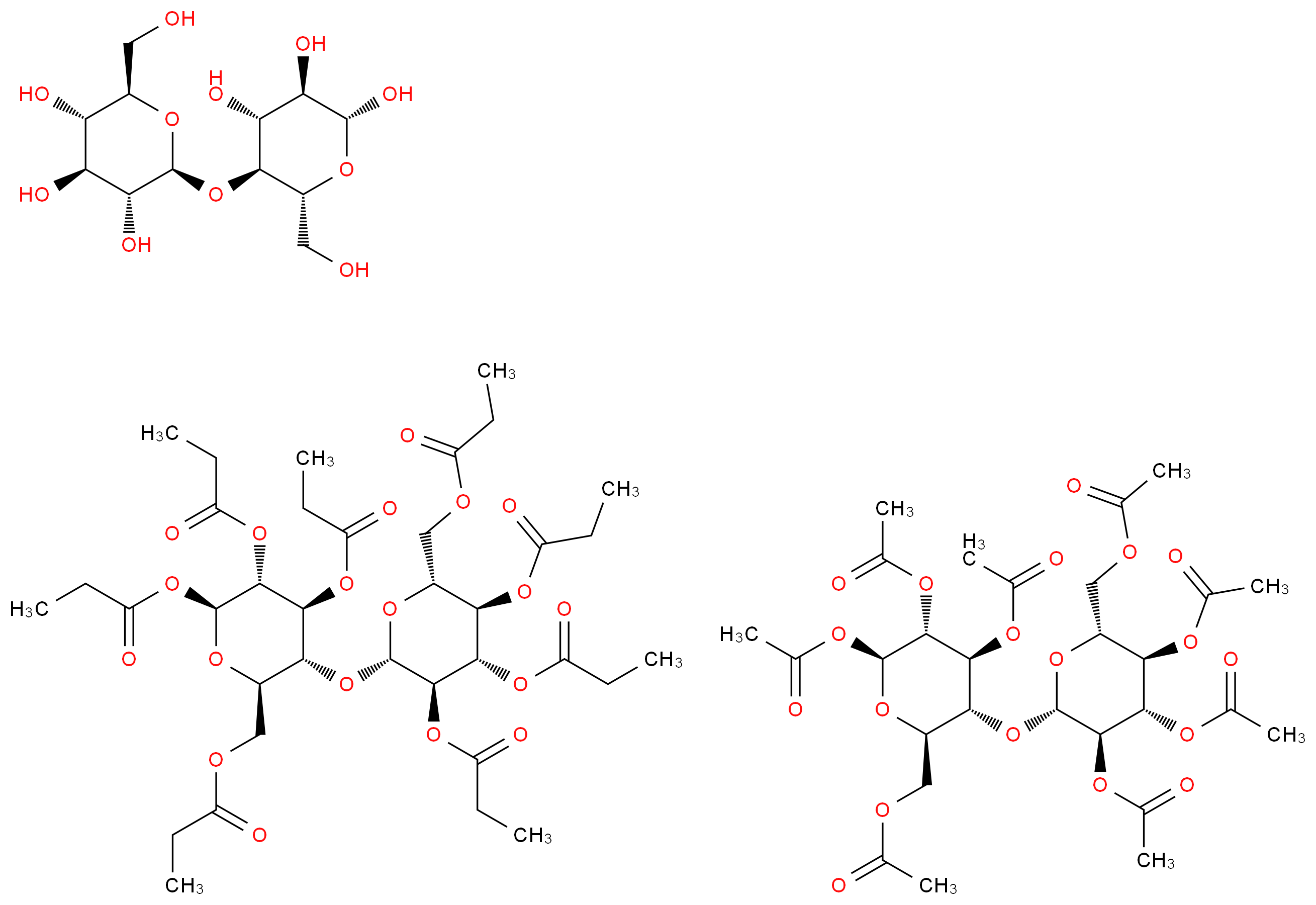 (2R,3S,4S,5R,6S)-2-(hydroxymethyl)-6-{[(2R,3S,4R,5R,6R)-4,5,6-trihydroxy-2-(hydroxymethyl)oxan-3-yl]oxy}oxane-3,4,5-triol [(2R,3R,4S,5R,6S)-4,5,6-tris(acetyloxy)-3-{[(2S,3R,4S,5R,6R)-3,4,5-tris(acetyloxy)-6-[(acetyloxy)methyl]oxan-2-yl]oxy}oxan-2-yl]methyl acetate [(2R,3R,4S,5R,6S)-4,5,6-tris(propanoyloxy)-3-{[(2S,3R,4S,5R,6R)-3,4,5-tris(propanoyloxy)-6-[(propanoyloxy)methyl]oxan-2-yl]oxy}oxan-2-yl]methyl propanoate_分子结构_CAS_9004-39-1