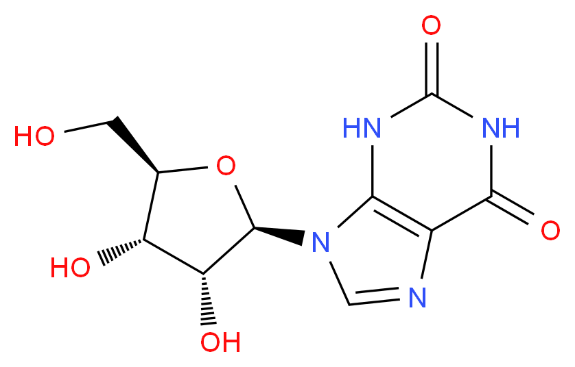 9-[(2R,3R,4S,5R)-3,4-dihydroxy-5-(hydroxymethyl)oxolan-2-yl]-2,3,6,9-tetrahydro-1H-purine-2,6-dione_分子结构_CAS_146-80-5