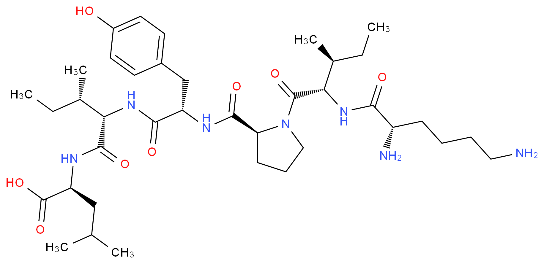 (2S)-2-[(2S,3S)-2-[(2S)-2-{[(2S)-1-[(2S,3S)-2-[(2S)-2,6-diaminohexanamido]-3-methylpentanoyl]pyrrolidin-2-yl]formamido}-3-(4-hydroxyphenyl)propanamido]-3-methylpentanamido]-4-methylpentanoic acid_分子结构_CAS_102577-25-3