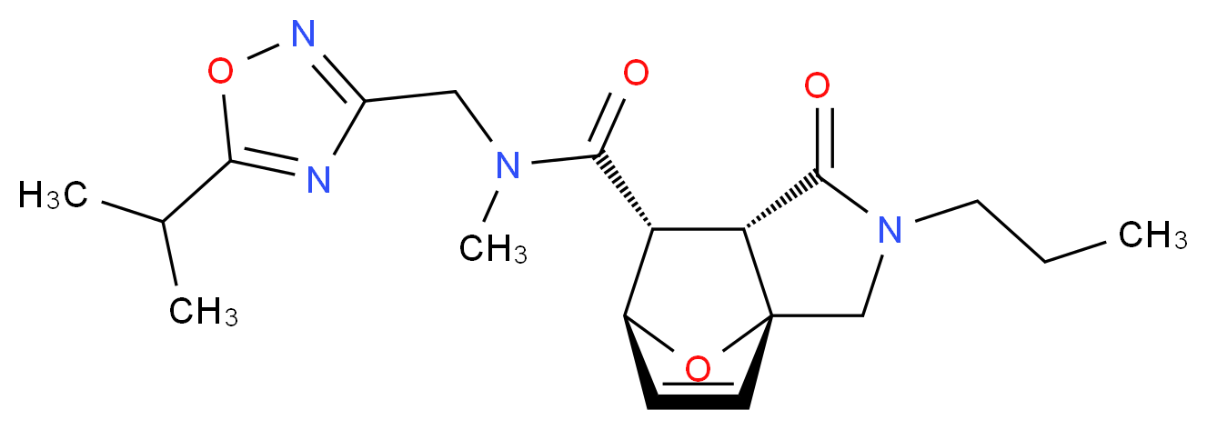 (1R*,5S*,6R*,7S*)-N-[(5-isopropyl-1,2,4-oxadiazol-3-yl)methyl]-N-methyl-4-oxo-3-propyl-10-oxa-3-azatricyclo[5.2.1.0~1,5~]dec-8-ene-6-carboxamide_分子结构_CAS_)