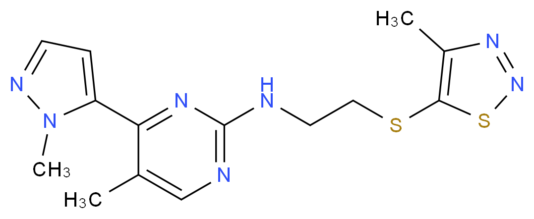 5-methyl-4-(1-methyl-1H-pyrazol-5-yl)-N-{2-[(4-methyl-1,2,3-thiadiazol-5-yl)thio]ethyl}pyrimidin-2-amine_分子结构_CAS_)