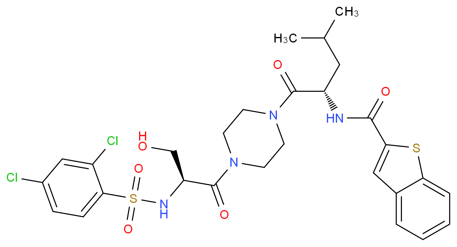 N-[(2S)-1-{4-[(2S)-2-(2,4-dichlorobenzenesulfonamido)-3-hydroxypropanoyl]piperazin-1-yl}-4-methyl-1-oxopentan-2-yl]-1-benzothiophene-2-carboxamide_分子结构_CAS_942206-85-1