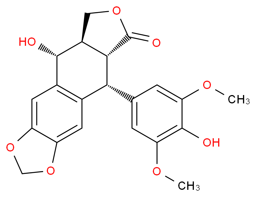 (10R,11R,15R,16R)-16-hydroxy-10-(4-hydroxy-3,5-dimethoxyphenyl)-4,6,13-trioxatetracyclo[7.7.0.0<sup>3</sup>,<sup>7</sup>.0<sup>1</sup><sup>1</sup>,<sup>1</sup><sup>5</sup>]hexadeca-1(9),2,7-trien-12-one_分子结构_CAS_6559-91-7