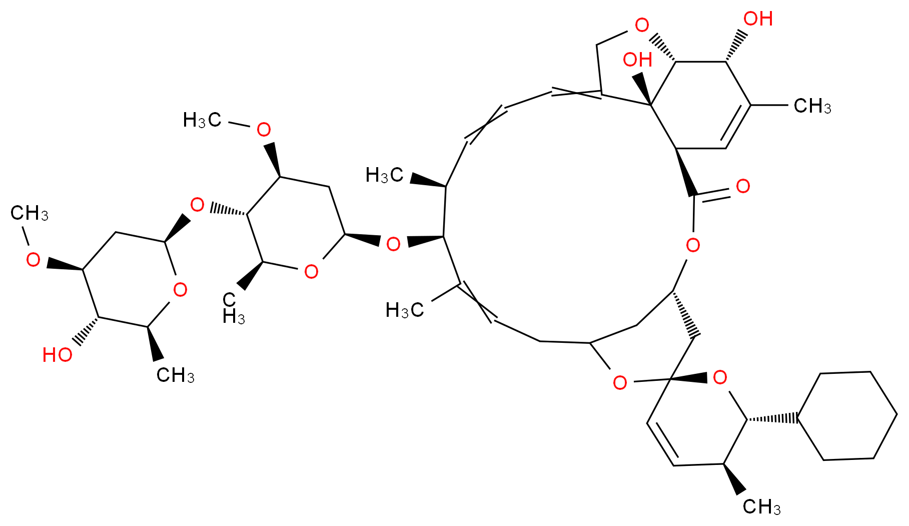 (1'R,2S,4'S,5S,6R,12'S,13'S,20'R,21'R,24'S)-6-cyclohexyl-21',24'-dihydroxy-12'-{[(2S,4S,5S,6S)-5-{[(2R,4S,5S,6S)-5-hydroxy-4-methoxy-6-methyloxan-2-yl]oxy}-4-methoxy-6-methyloxan-2-yl]oxy}-5,11',13',22'-tetramethyl-5,6-dihydro-3',7',19'-trioxaspiro[pyran-2,6'-tetracyclo[15.6.1.1<sup>4</sup>,<sup>8</sup>.0<sup>2</sup><sup>0</sup>,<sup>2</sup><sup>4</sup>]pentacosane]-10',14',16',22'-tetraen-2'-one_分子结构_CAS_117704-25-3