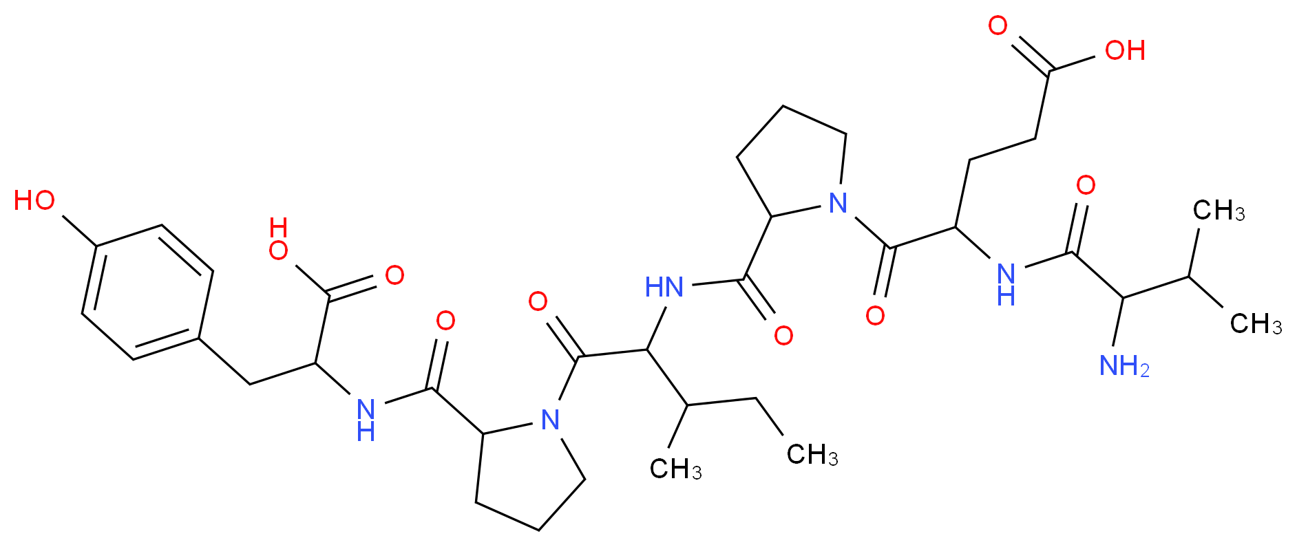 4-(2-amino-3-methylbutanamido)-5-(2-{[1-(2-{[1-carboxy-2-(4-hydroxyphenyl)ethyl]carbamoyl}pyrrolidin-1-yl)-3-methyl-1-oxopentan-2-yl]carbamoyl}pyrrolidin-1-yl)-5-oxopentanoic acid_分子结构_CAS_94773-24-7