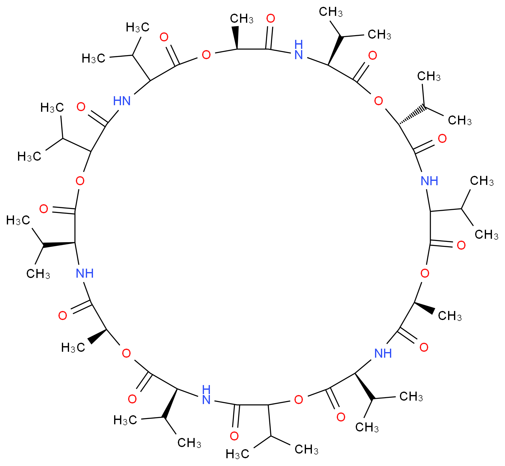 (3S,6S,12R,15S,18S,27S,30S,33S)-6,18,30-trimethyl-3,9,12,15,21,24,27,33,36-nonakis(propan-2-yl)-1,7,13,19,25,31-hexaoxa-4,10,16,22,28,34-hexaazacyclohexatriacontane-2,5,8,11,14,17,20,23,26,29,32,35-dodecone_分子结构_CAS_2001-95-8