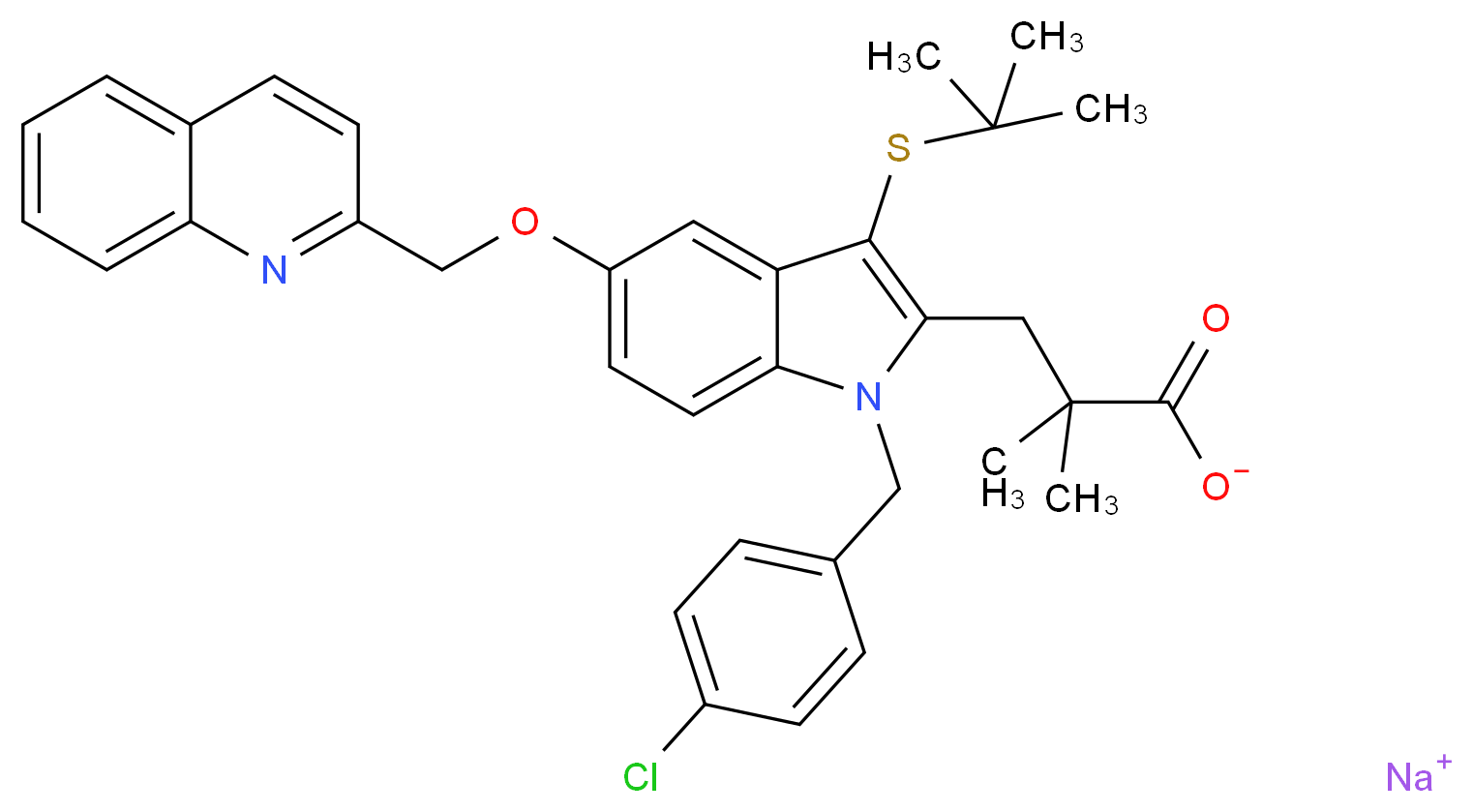 sodium 3-[3-(tert-butylsulfanyl)-1-[(4-chlorophenyl)methyl]-5-(quinolin-2-ylmethoxy)-1H-indol-2-yl]-2,2-dimethylpropanoate_分子结构_CAS_147030-01-1