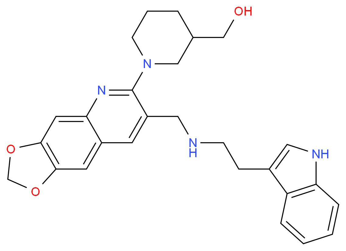 {1-[7-({[2-(1H-indol-3-yl)ethyl]amino}methyl)[1,3]dioxolo[4,5-g]quinolin-6-yl]-3-piperidinyl}methanol_分子结构_CAS_)