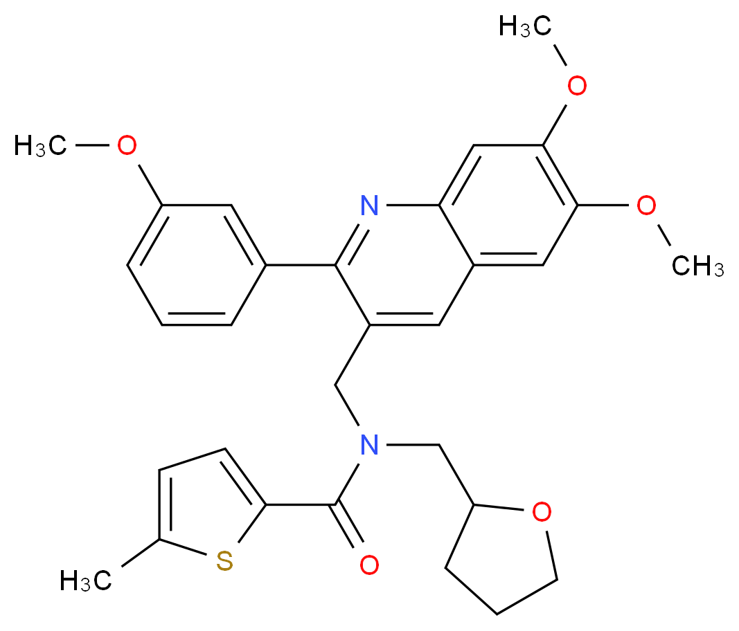 N-{[6,7-dimethoxy-2-(3-methoxyphenyl)-3-quinolinyl]methyl}-5-methyl-N-(tetrahydro-2-furanylmethyl)-2-thiophenecarboxamide_分子结构_CAS_)