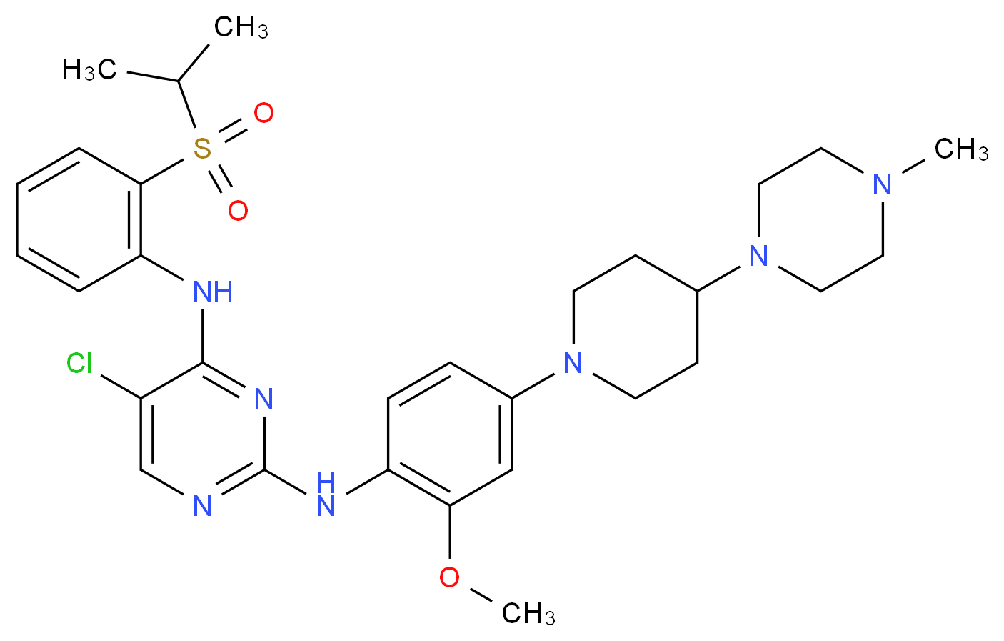 5-chloro-2-N-{2-methoxy-4-[4-(4-methylpiperazin-1-yl)piperidin-1-yl]phenyl}-4-N-[2-(propane-2-sulfonyl)phenyl]pyrimidine-2,4-diamine_分子结构_CAS_761439-42-3