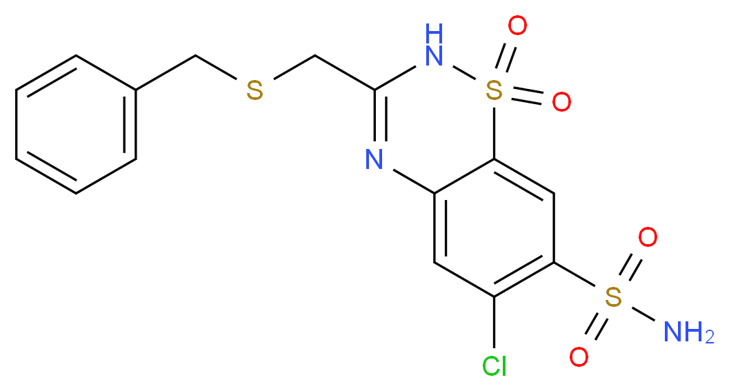 3-[(benzylsulfanyl)methyl]-6-chloro-1,1-dioxo-2H-1λ<sup>6</sup>,2,4-benzothiadiazine-7-sulfonamide_分子结构_CAS_91-33-8