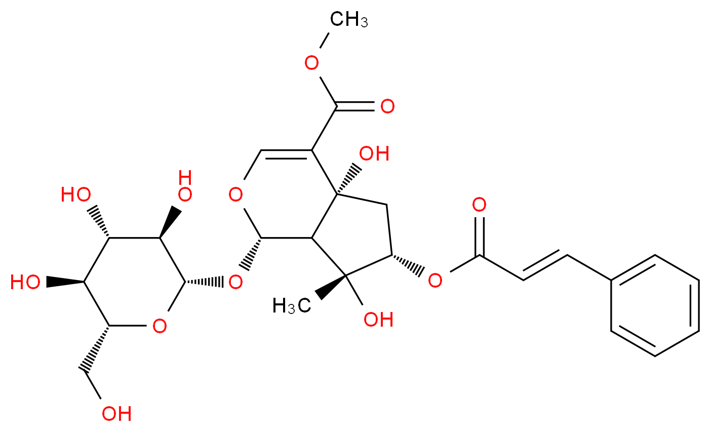 methyl (1S,4aR,6S,7R,7aS)-4a,7-dihydroxy-7-methyl-6-{[(2E)-3-phenylprop-2-enoyl]oxy}-1-{[(2S,3R,4S,5S,6R)-3,4,5-trihydroxy-6-(hydroxymethyl)oxan-2-yl]oxy}-1H,4aH,5H,6H,7H,7aH-cyclopenta[c]pyran-4-carboxylate_分子结构_CAS_53526-67-3