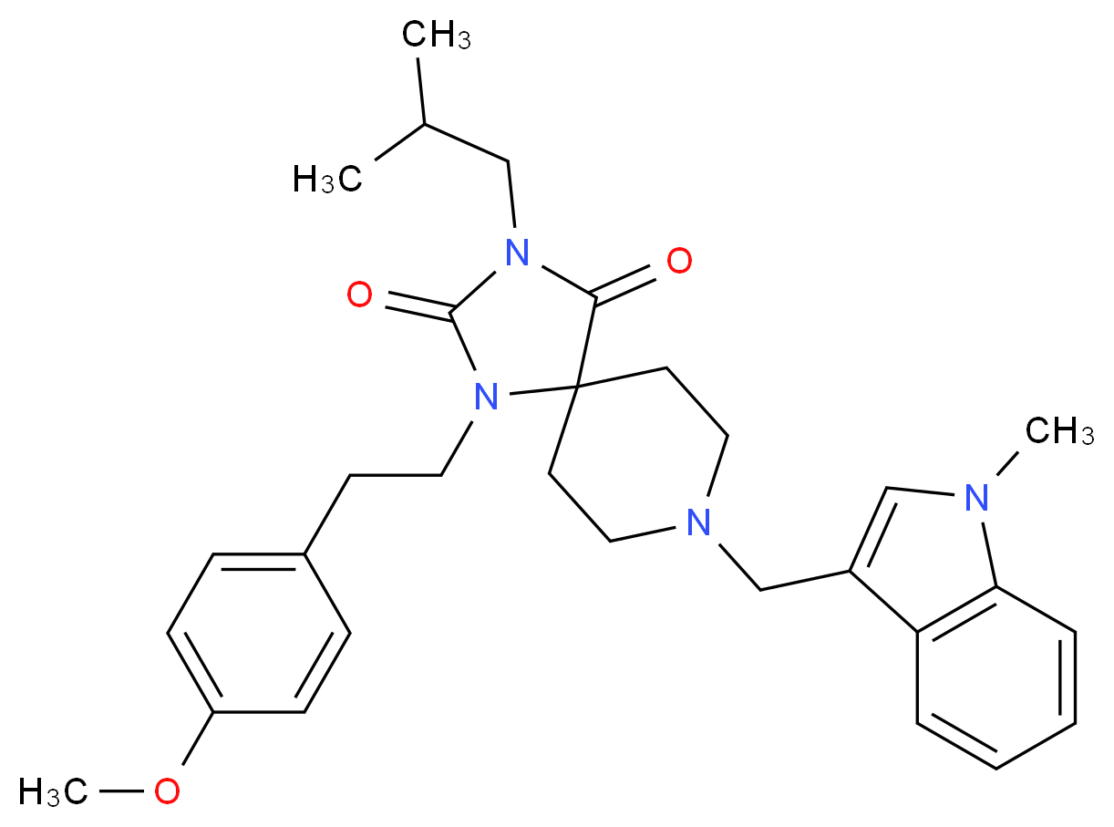 3-isobutyl-1-[2-(4-methoxyphenyl)ethyl]-8-[(1-methyl-1H-indol-3-yl)methyl]-1,3,8-triazaspiro[4.5]decane-2,4-dione_分子结构_CAS_)