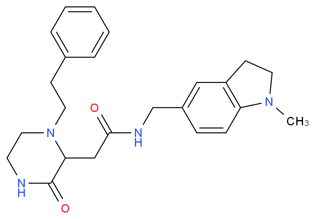 N-[(1-methyl-2,3-dihydro-1H-indol-5-yl)methyl]-2-[3-oxo-1-(2-phenylethyl)-2-piperazinyl]acetamide_分子结构_CAS_)