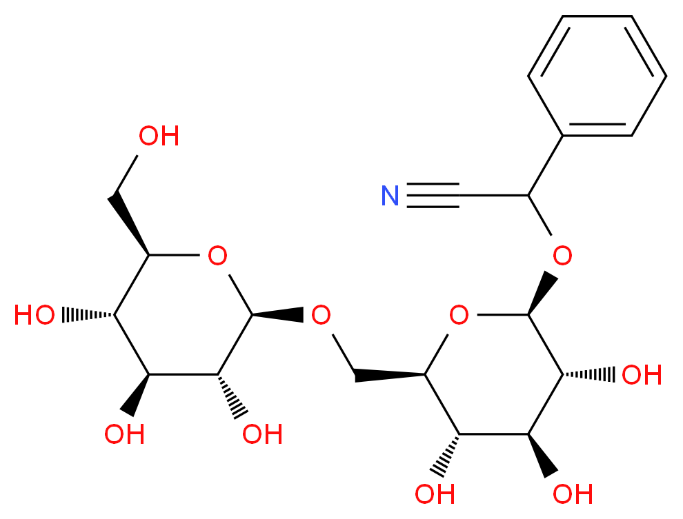 2-phenyl-2-{[(2R,3R,4S,5S,6R)-3,4,5-trihydroxy-6-({[(2R,3R,4S,5S,6R)-3,4,5-trihydroxy-6-(hydroxymethyl)oxan-2-yl]oxy}methyl)oxan-2-yl]oxy}acetonitrile_分子结构_CAS_29883-15-6