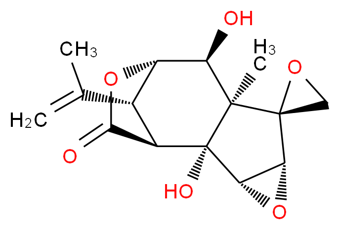 (1'S,2R,2'R,3'S,5'R,7'R,8'S,9'S,12'R)-2',8'-dihydroxy-7'-methyl-12'-(prop-1-en-2-yl)-4',10'-dioxaspiro[oxirane-2,6'-tetracyclo[7.2.1.0<sup>2</sup>,<sup>7</sup>.0<sup>3</sup>,<sup>5</sup>]dodecane]-11'-one_分子结构_CAS_2571-22-4