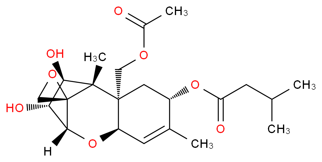 (1'S,2S,2'R,4'S,7'R,9'R,10'R,11'S)-2'-[(acetyloxy)methyl]-10',11'-dihydroxy-1',5'-dimethyl-8'-oxaspiro[oxirane-2,12'-tricyclo[7.2.1.0<sup>2</sup>,<sup>7</sup>]dodecan]-5'-en-4'-yl 3-methylbutanoate_分子结构_CAS_26934-87-2