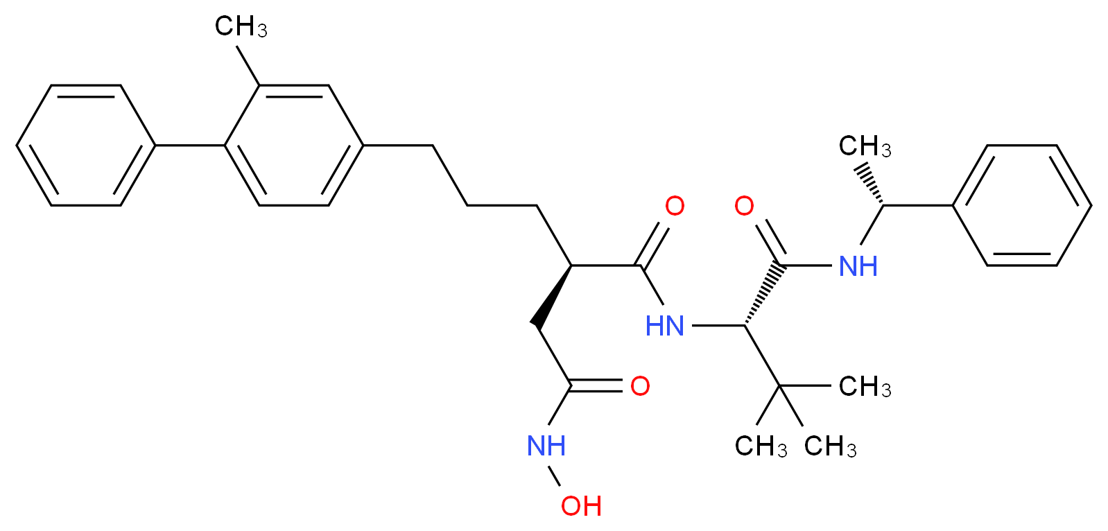 (2R)-N-[(1S)-2,2-dimethyl-1-{[(1R)-1-phenylethyl]carbamoyl}propyl]-N'-hydroxy-2-[3-(3-methyl-4-phenylphenyl)propyl]butanediamide_分子结构_CAS_230961-08-7