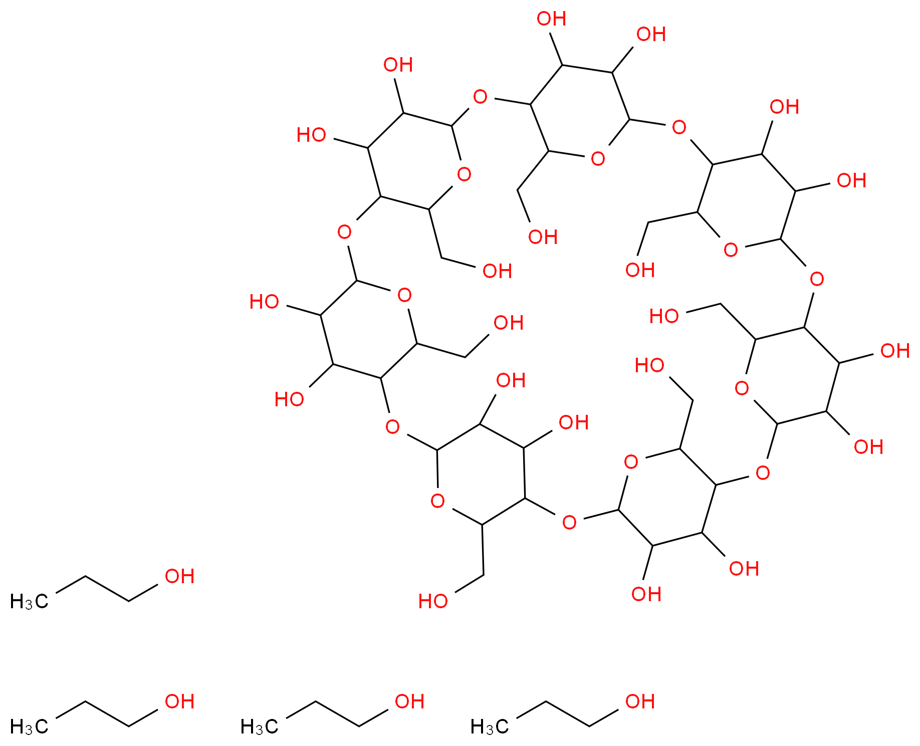 5,10,15,20,25,30,35-heptakis(hydroxymethyl)-2,4,7,9,12,14,17,19,22,24,27,29,32,34-tetradecaoxaoctacyclo[31.2.2.2^{3,6}.2^{8,11}.2^{13,16}.2^{18,21}.2^{23,26}.2^{28,31}]nonatetracontane-36,37,38,39,40,41,42,43,44,45,46,47,48,49-tetradecol; tetrakis(propan-1-ol)_分子结构_CAS_94035-02-6
