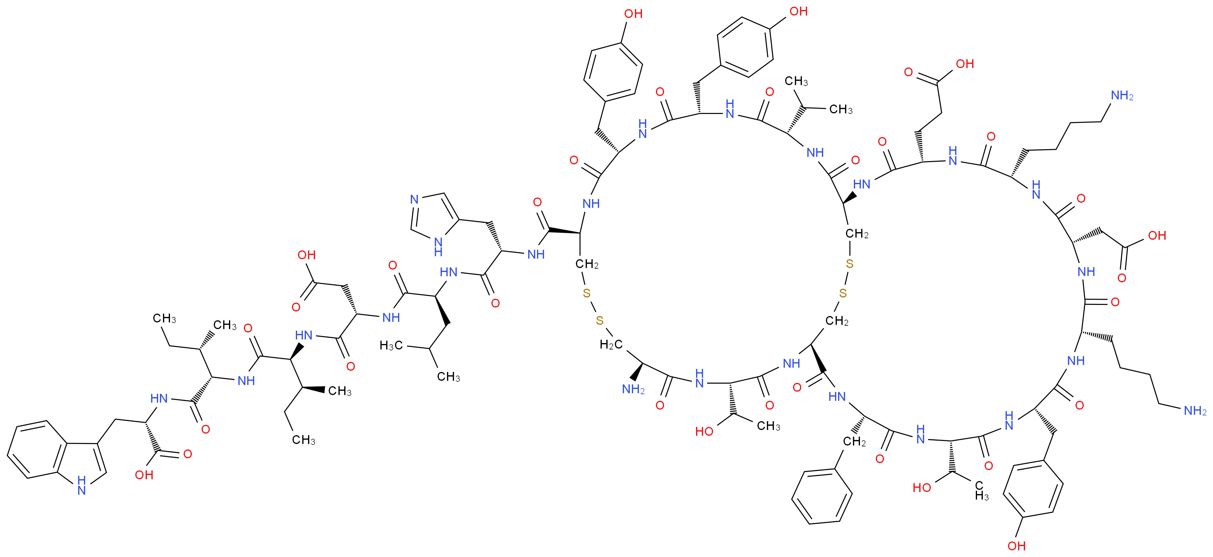 (3S)-3-[(2S)-2-[(2S)-2-{[(1R,4S,7S,10S,13S,16S,19S,22S,25R,28S,31R,36R,39S,42S,45S)-31-amino-7,13-bis(4-aminobutyl)-22-benzyl-4-(2-carboxyethyl)-10-(carboxymethyl)-19,28-bis(1-hydroxyethyl)-16,39,42-tris[(4-hydroxyphenyl)methyl]-3,6,9,12,15,18,21,24,27,30,38,41,44,47-tetradecaoxo-45-(propan-2-yl)-33,34,49,50-tetrathia-2,5,8,11,14,17,20,23,26,29,37,40,43,46-tetradecaazabicyclo[23.22.4]henpentacontan-36-yl]formamido}-3-(1H-imidazol-5-yl)propanamido]-4-methylpentanamido]-3-{[(1S,2S)-1-{[(1S,2S)-1-{[(1S)-1-carboxy-2-(1H-indol-3-yl)ethyl]carbamoyl}-2-methylbutyl]carbamoyl}-2-methylbutyl]carbamoyl}propanoic acid_分子结构_CAS_117399-93-6