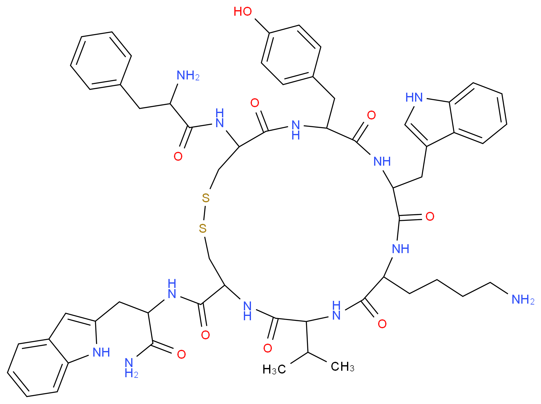 2-amino-N-[10-(4-aminobutyl)-4-{[1-carbamoyl-2-(1H-indol-2-yl)ethyl]carbamoyl}-16-[(4-hydroxyphenyl)methyl]-13-(1H-indol-3-ylmethyl)-6,9,12,15,18-pentaoxo-7-(propan-2-yl)-1,2-dithia-5,8,11,14,17-pentaazacycloicosan-19-yl]-3-phenylpropanamide_分子结构_CAS_103222-11-3