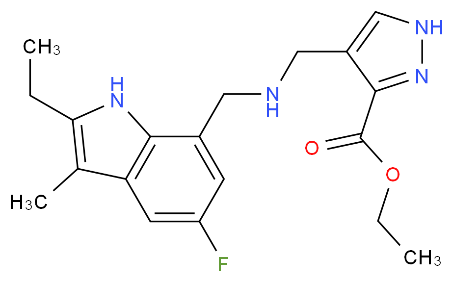 ethyl 4-({[(2-ethyl-5-fluoro-3-methyl-1H-indol-7-yl)methyl]amino}methyl)-1H-pyrazole-3-carboxylate_分子结构_CAS_)
